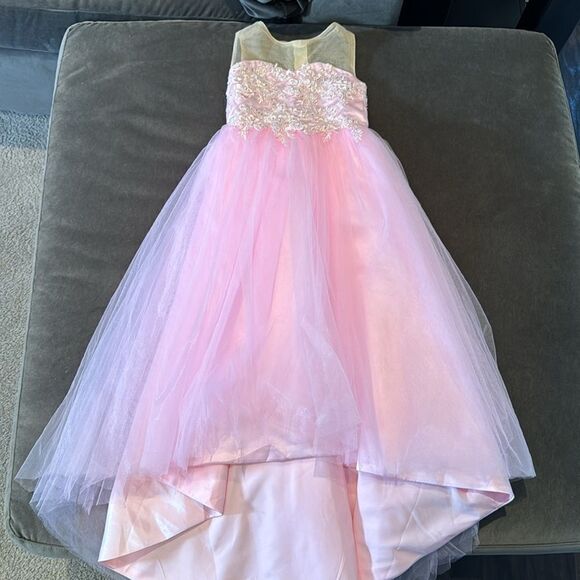 Girls Pink Formal Party Flower Girl Dress High Low Zip Back Beaded Bodice Size 3 - Picture 4 of 9